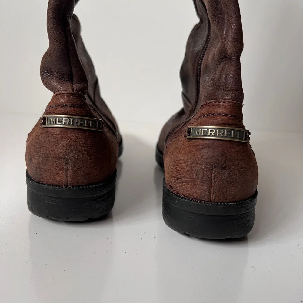 Merrell‎ Vera Peak Knee High Boots Size 9 Brown Leather Tall Zip Gorpcore Chunky